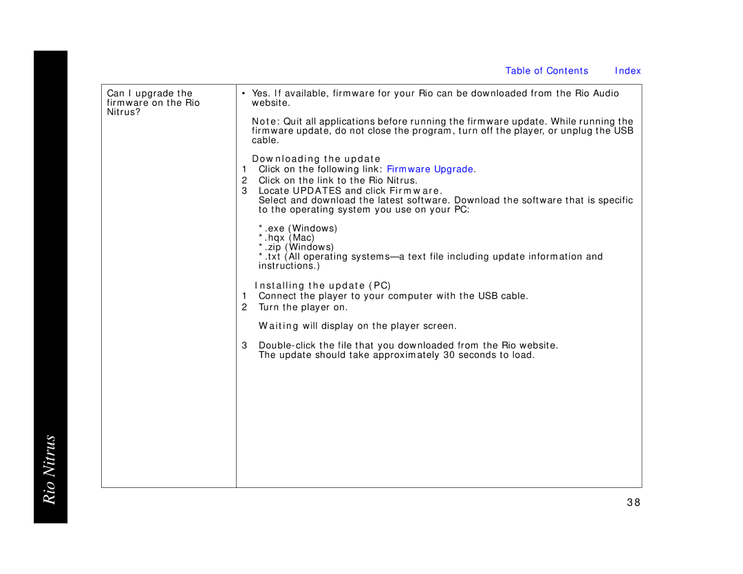 Rio Audio 41000855-004_B manual Downloading the update, Installing the update PC 