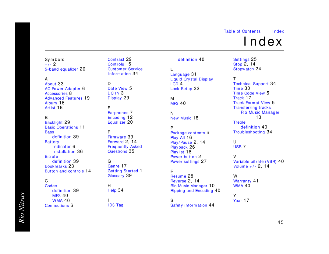 Rio Audio 41000855-004_B manual Index 