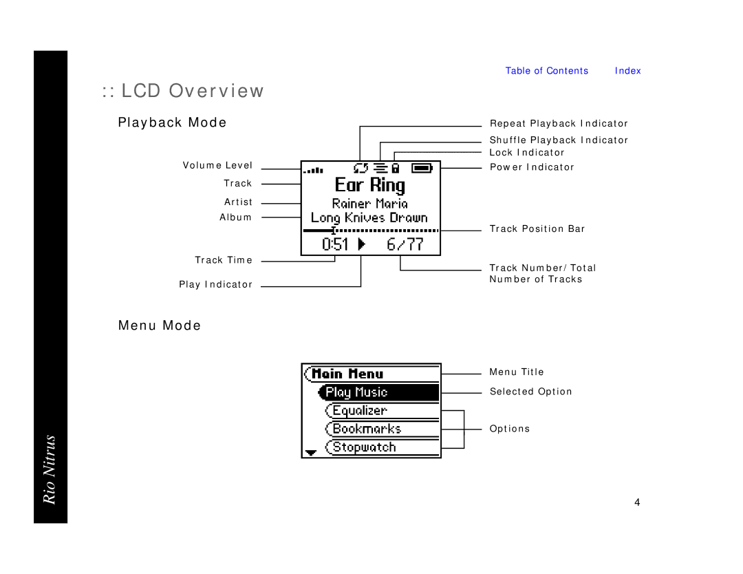 Rio Audio 41000855-004_B LCD Overview, Playback Mode, Menu Mode, Volume Level Track Artist Album Track Time Play Indicator 