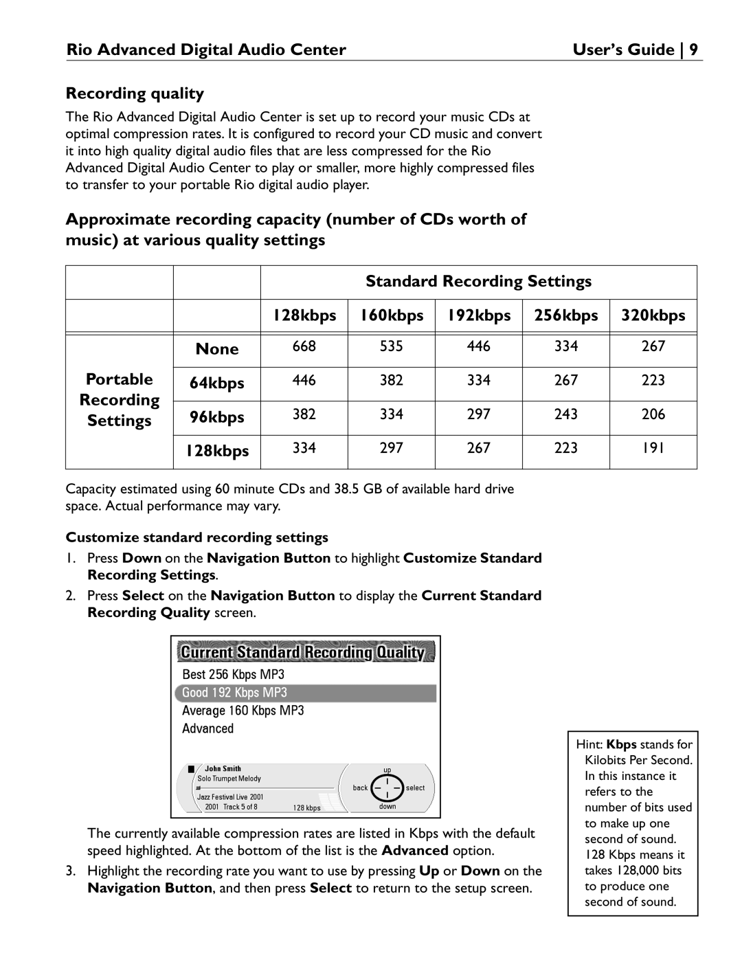 Rio Audio Advanced Digital Audio Center manual Recording quality, None 