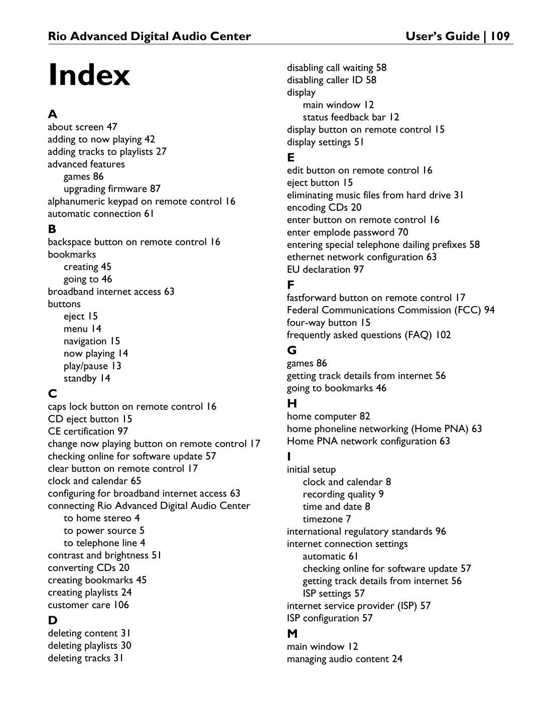 Rio Audio Advanced Digital Audio Center manual Index 