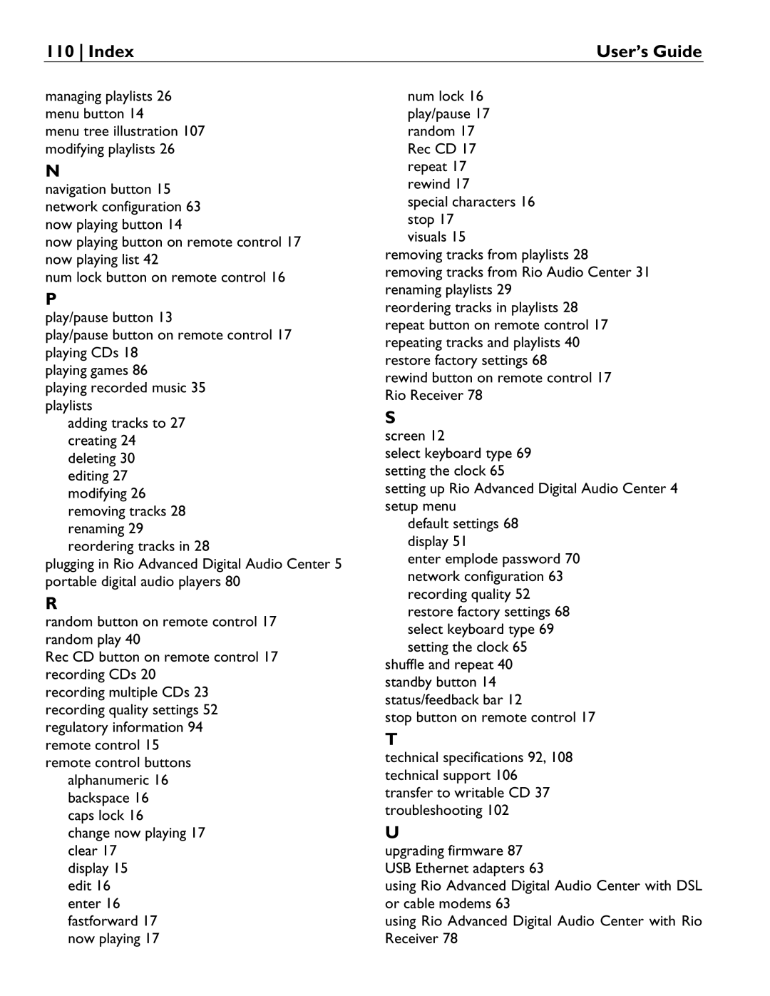 Rio Audio Advanced Digital Audio Center manual Index 