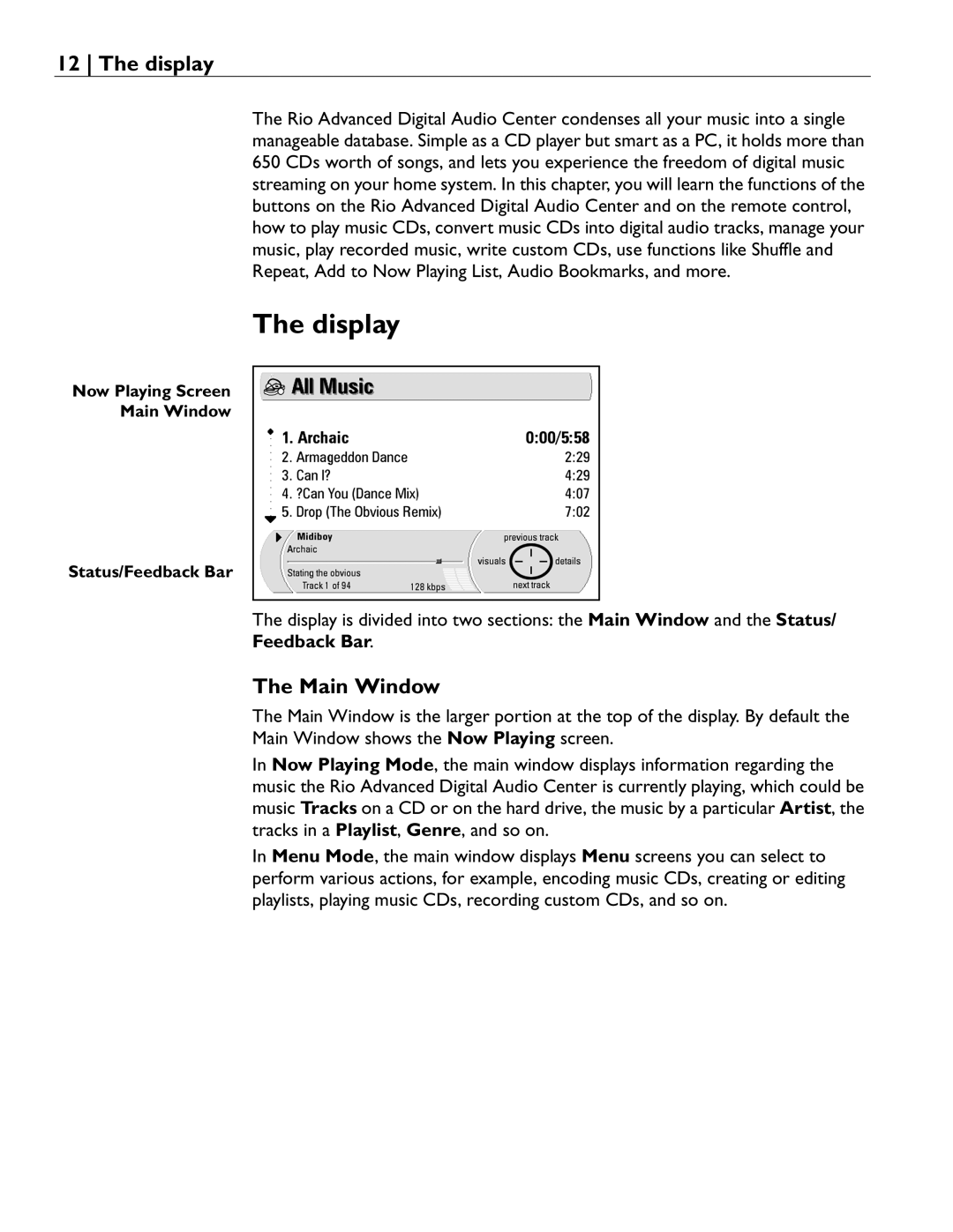 Rio Audio Advanced Digital Audio Center manual Display, Main Window, Feedback Bar 