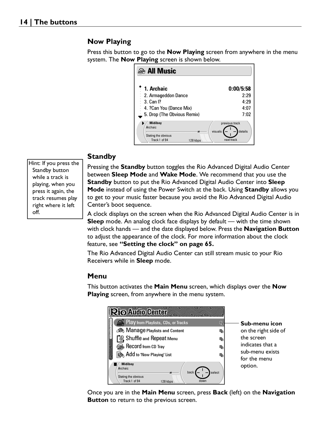 Rio Audio Advanced Digital Audio Center manual Buttons, Now Playing, Standby, Menu 