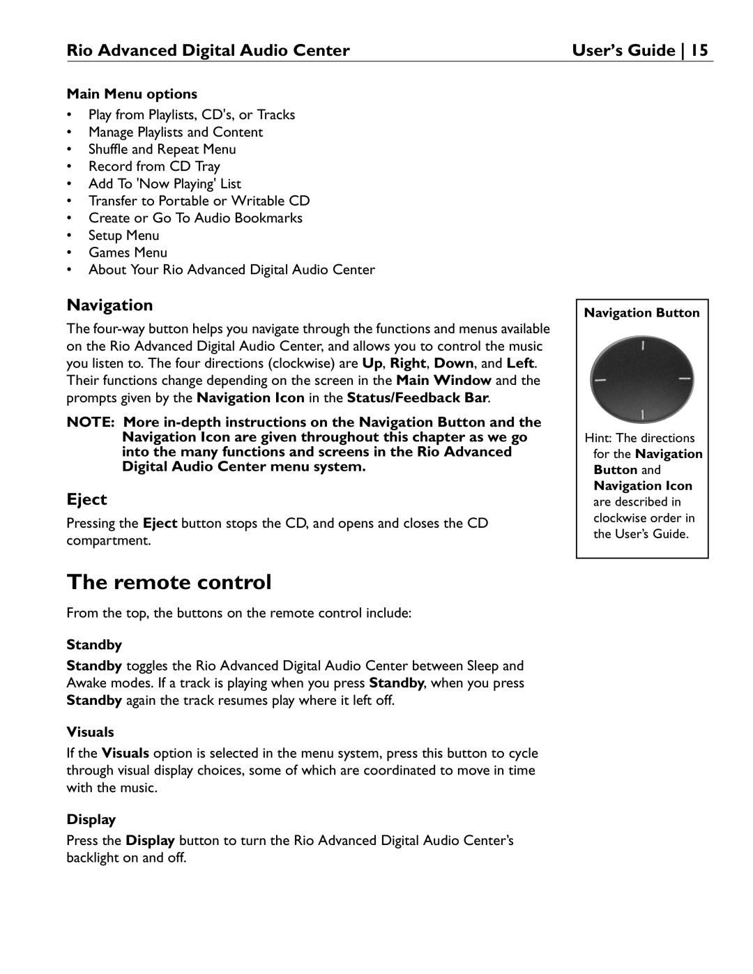 Rio Audio Advanced Digital Audio Center manual Remote control, Navigation, Eject 