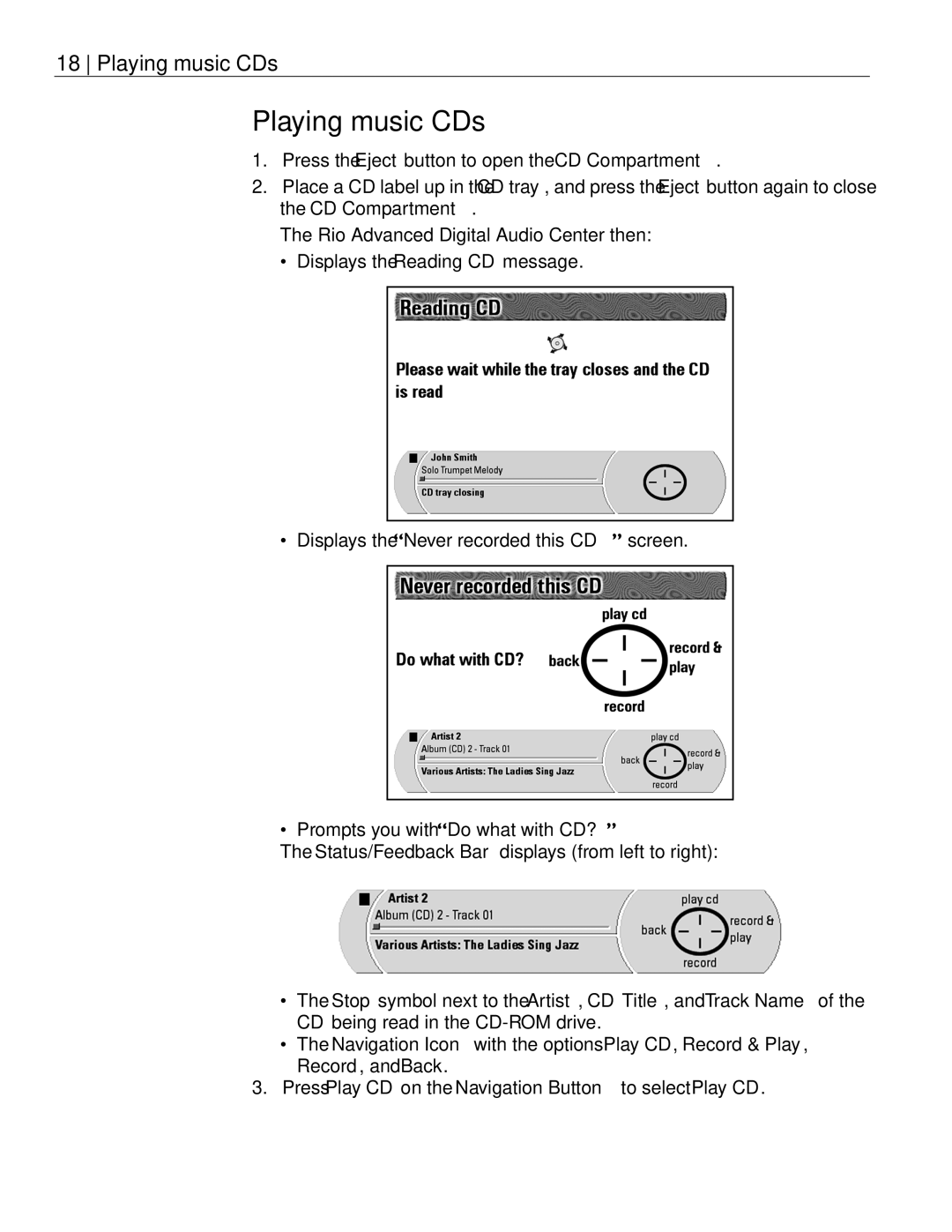 Rio Audio Advanced Digital Audio Center manual Playing music CDs 