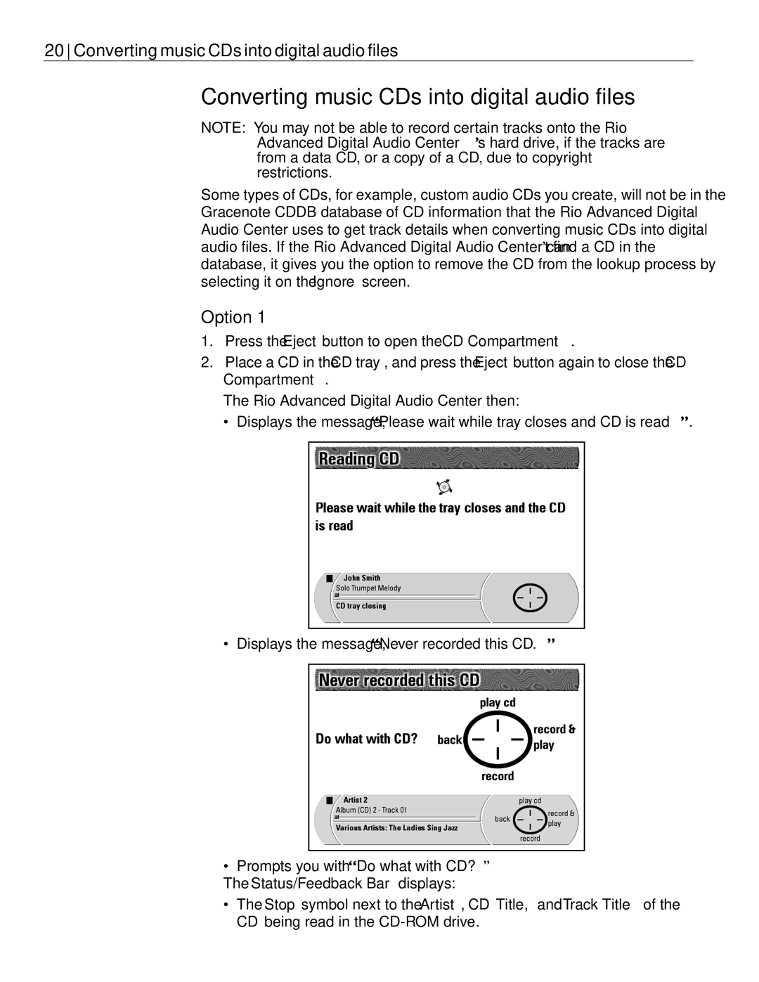 Rio Audio Advanced Digital Audio Center manual Converting music CDs into digital audio files, Option 