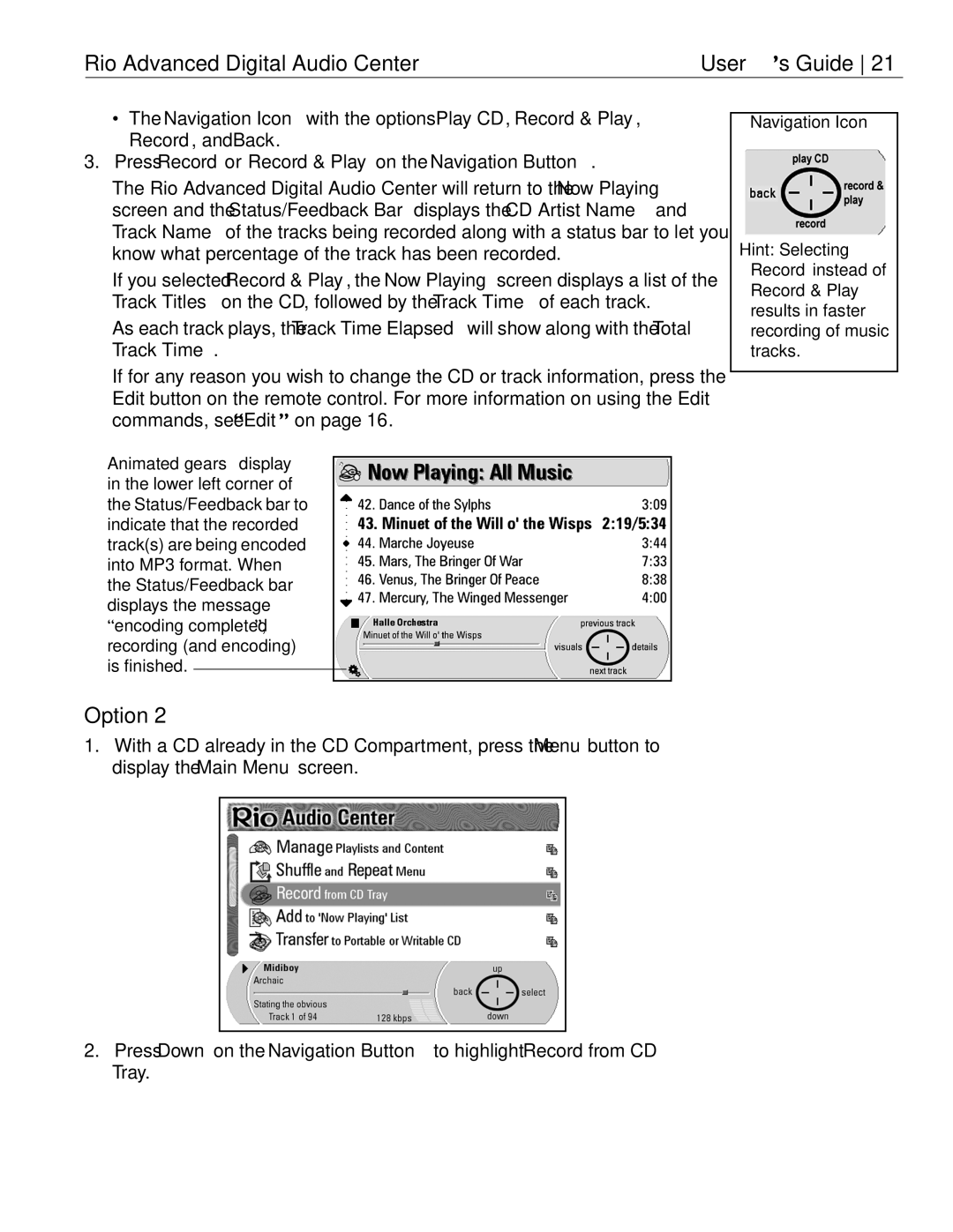 Rio Audio Advanced Digital Audio Center manual Record & Play 