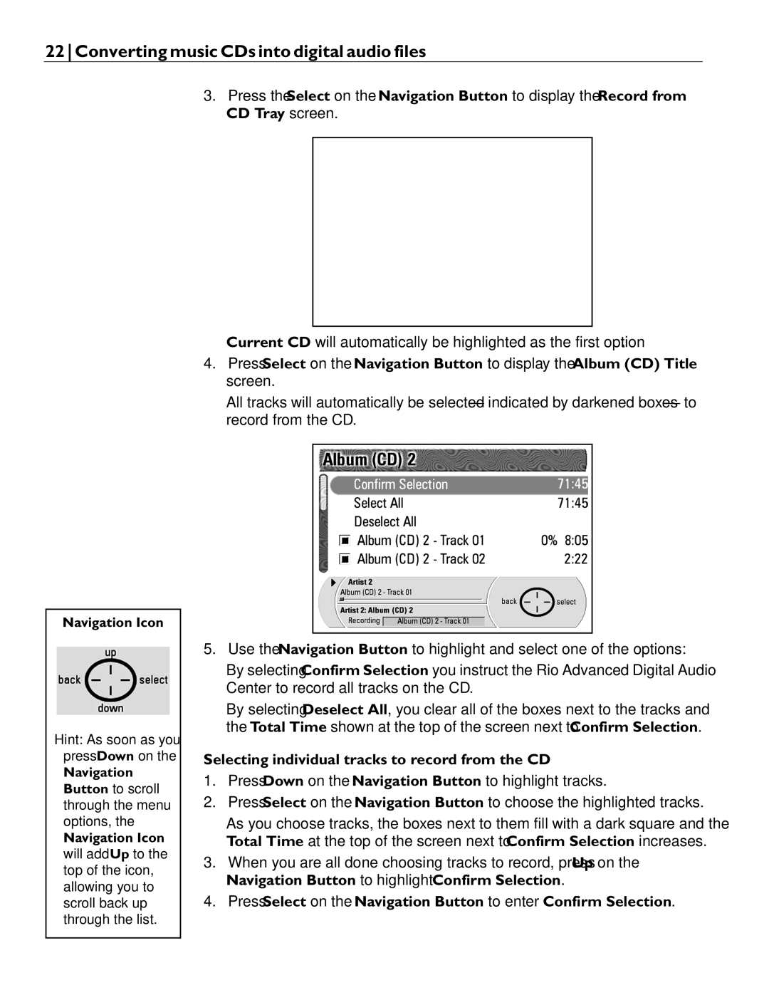 Rio Audio Advanced Digital Audio Center manual Selecting individual tracks to record from the CD 