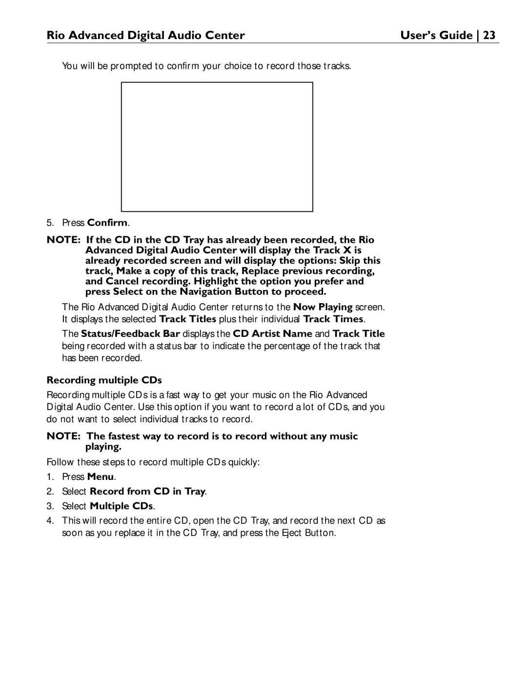 Rio Audio Advanced Digital Audio Center manual Recording multiple CDs, Select Record from CD in Tray Select Multiple CDs 