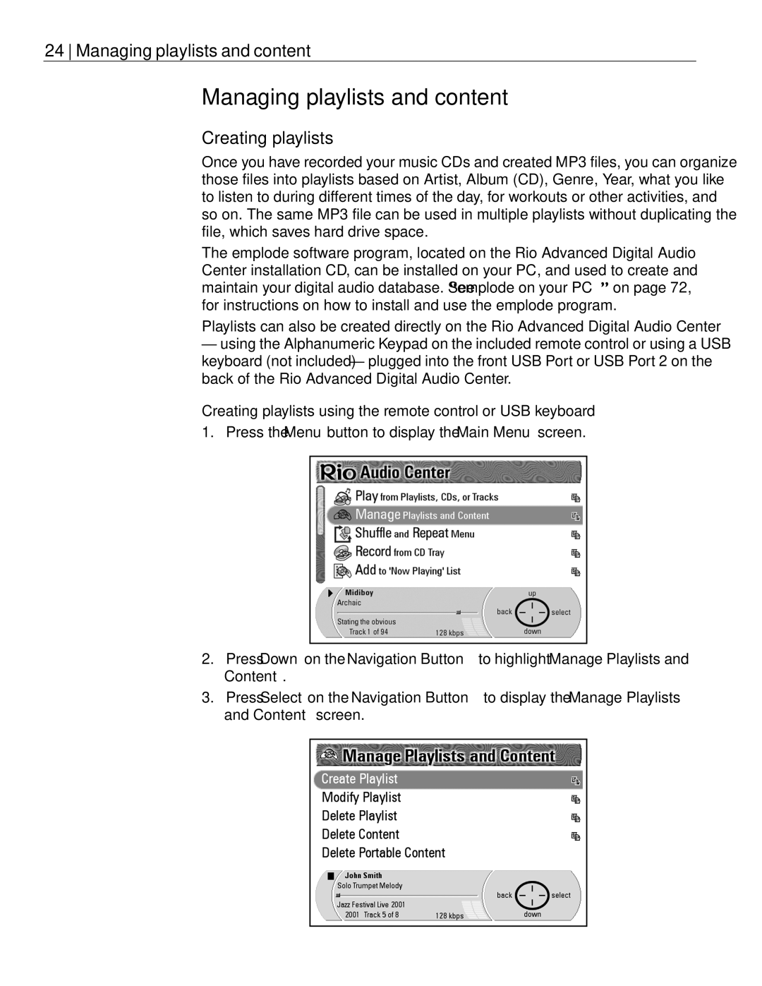 Rio Audio Advanced Digital Audio Center manual Managing playlists and content, Creating playlists 