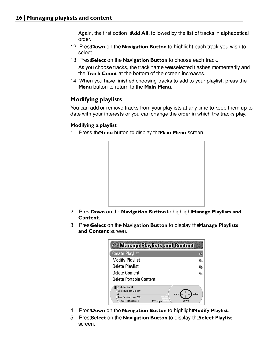 Rio Audio Advanced Digital Audio Center manual Modifying playlists, Modifying a playlist 