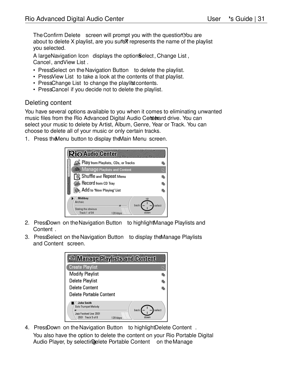 Rio Audio Advanced Digital Audio Center manual Deleting content 