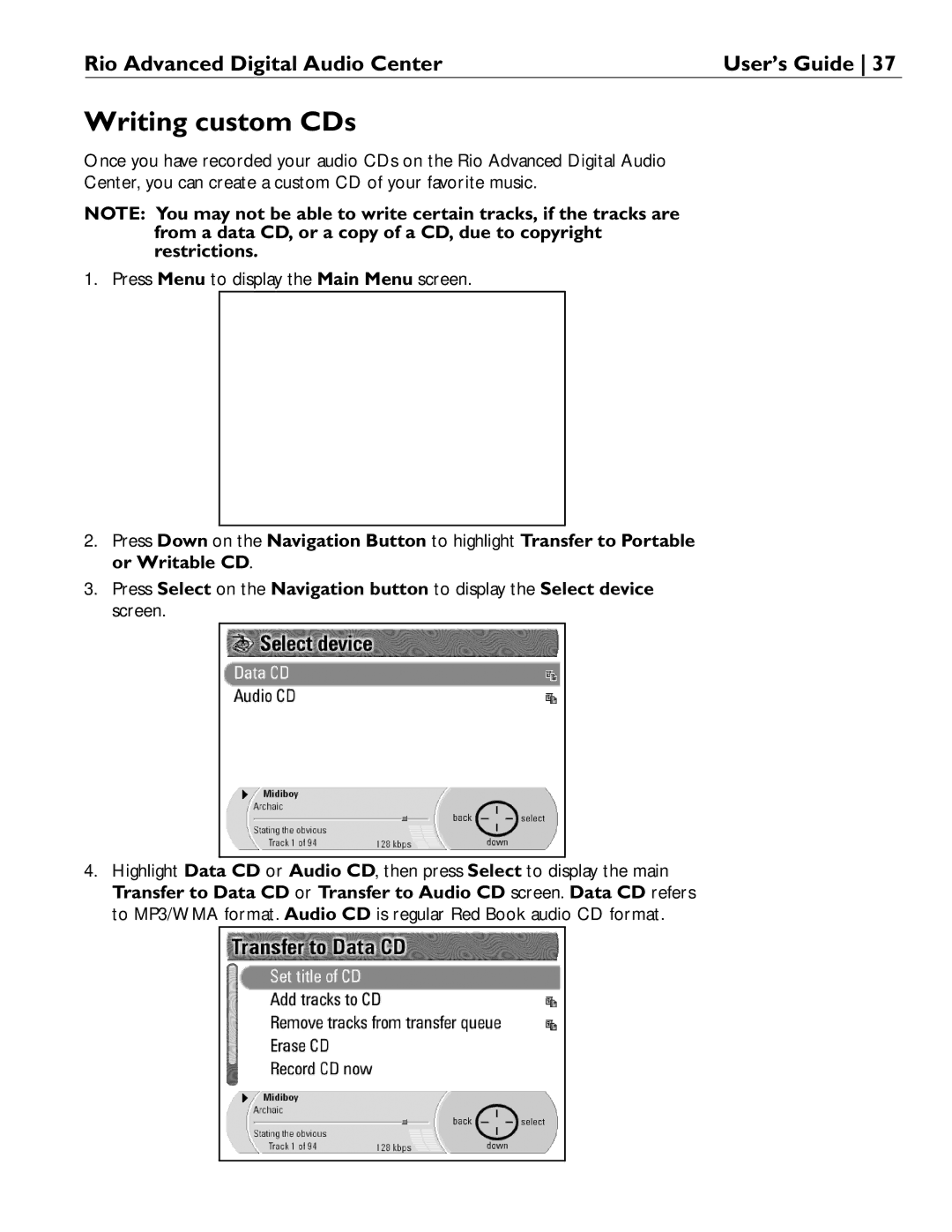 Rio Audio Advanced Digital Audio Center manual Writing custom CDs 