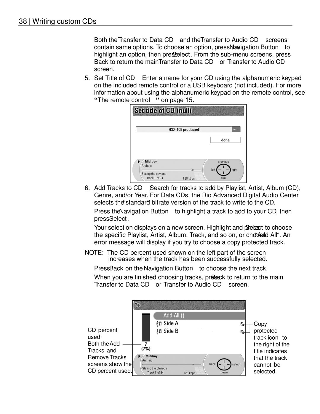 Rio Audio Advanced Digital Audio Center manual Writing custom CDs 