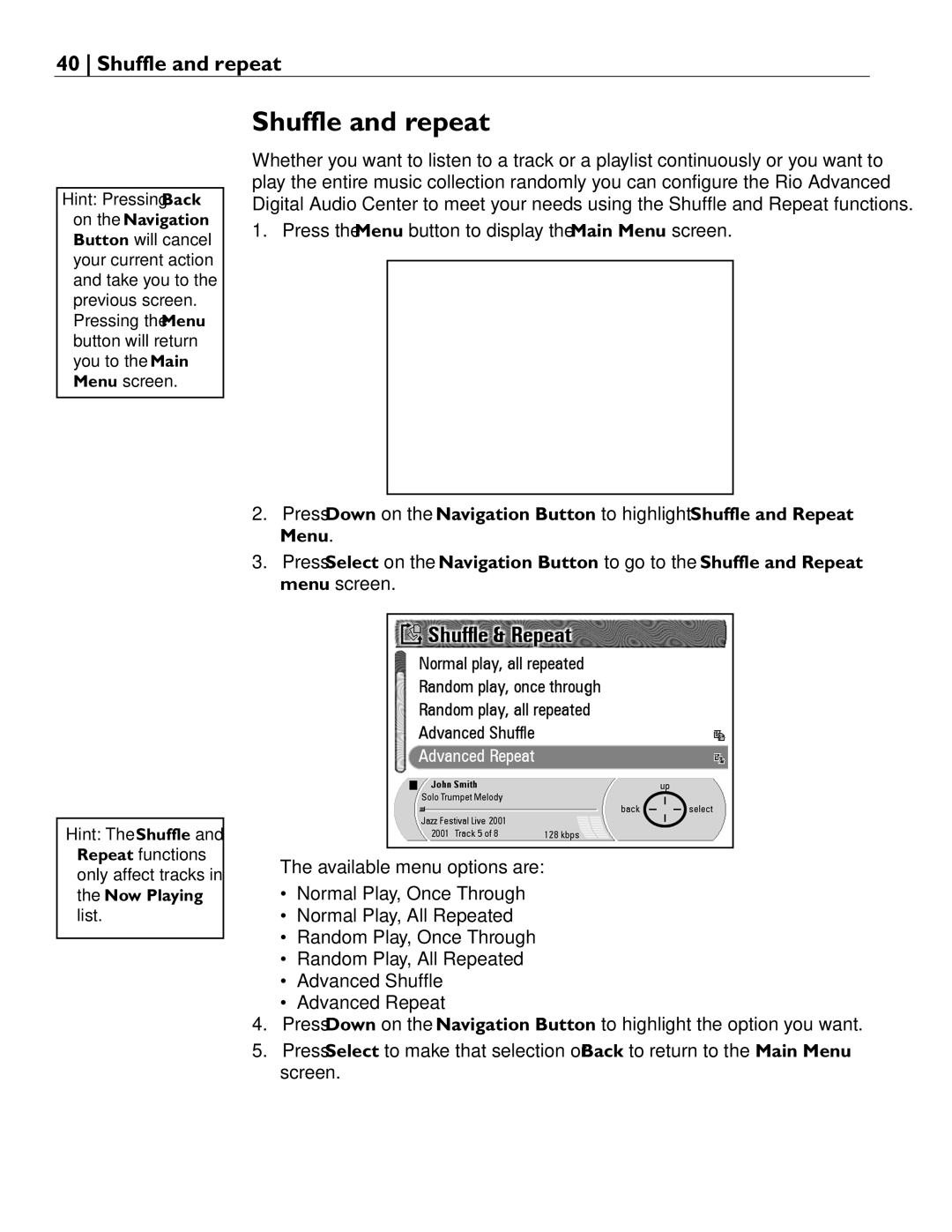 Rio Audio Advanced Digital Audio Center manual Shuffle and repeat 