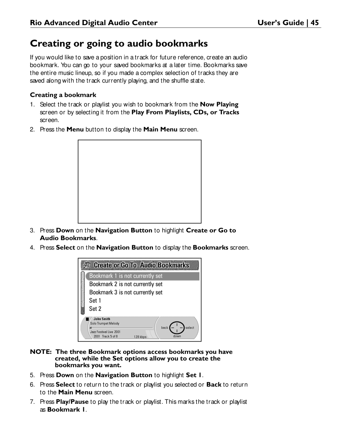 Rio Audio Advanced Digital Audio Center manual Creating or going to audio bookmarks, Creating a bookmark 