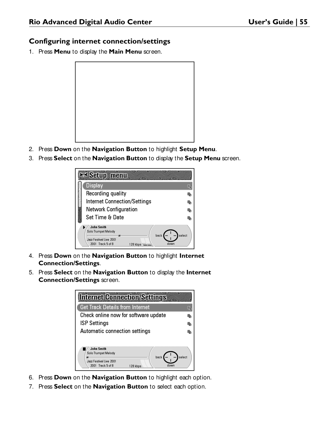 Rio Audio Advanced Digital Audio Center manual Configuring internet connection/settings 