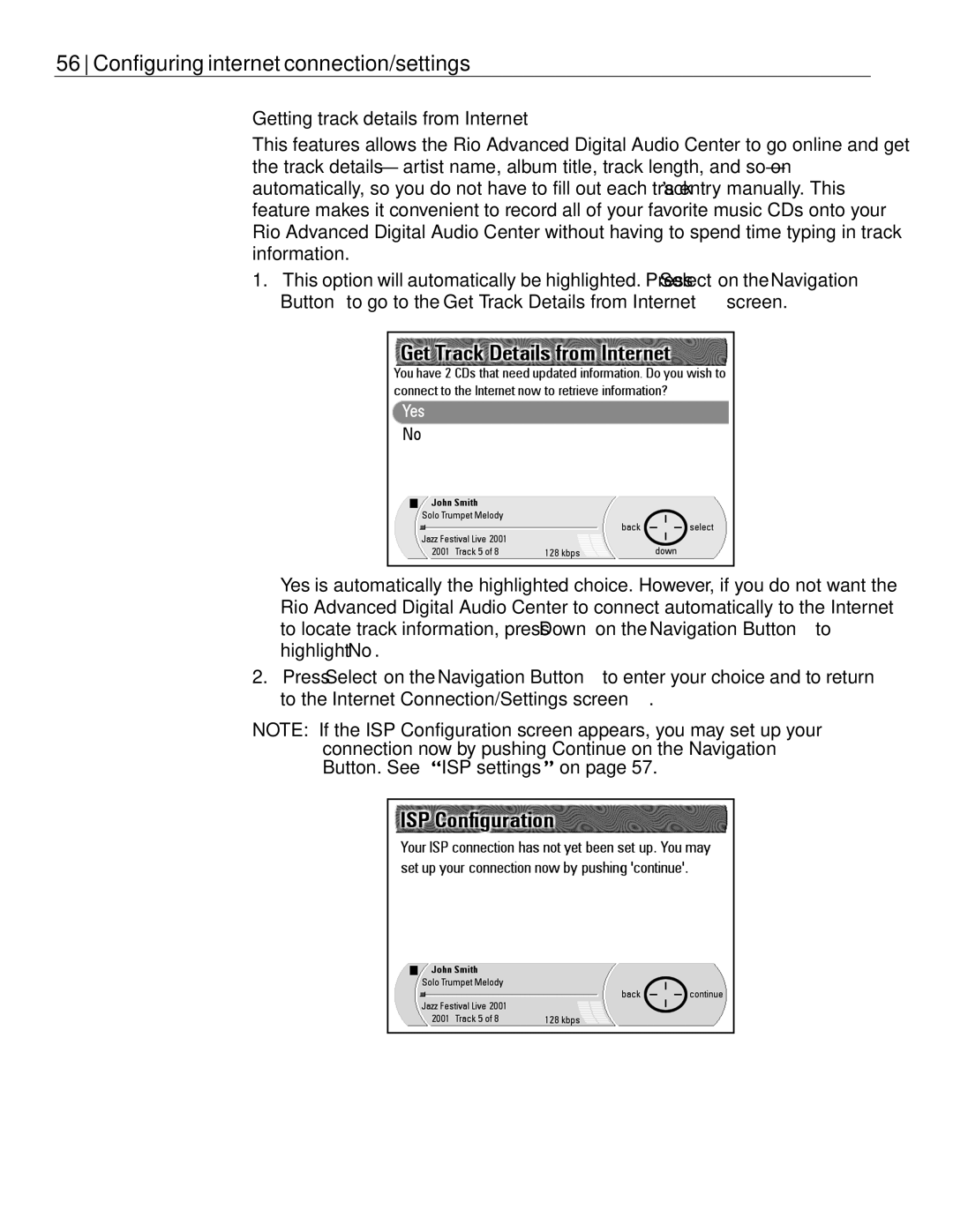 Rio Audio Advanced Digital Audio Center manual Getting track details from Internet 