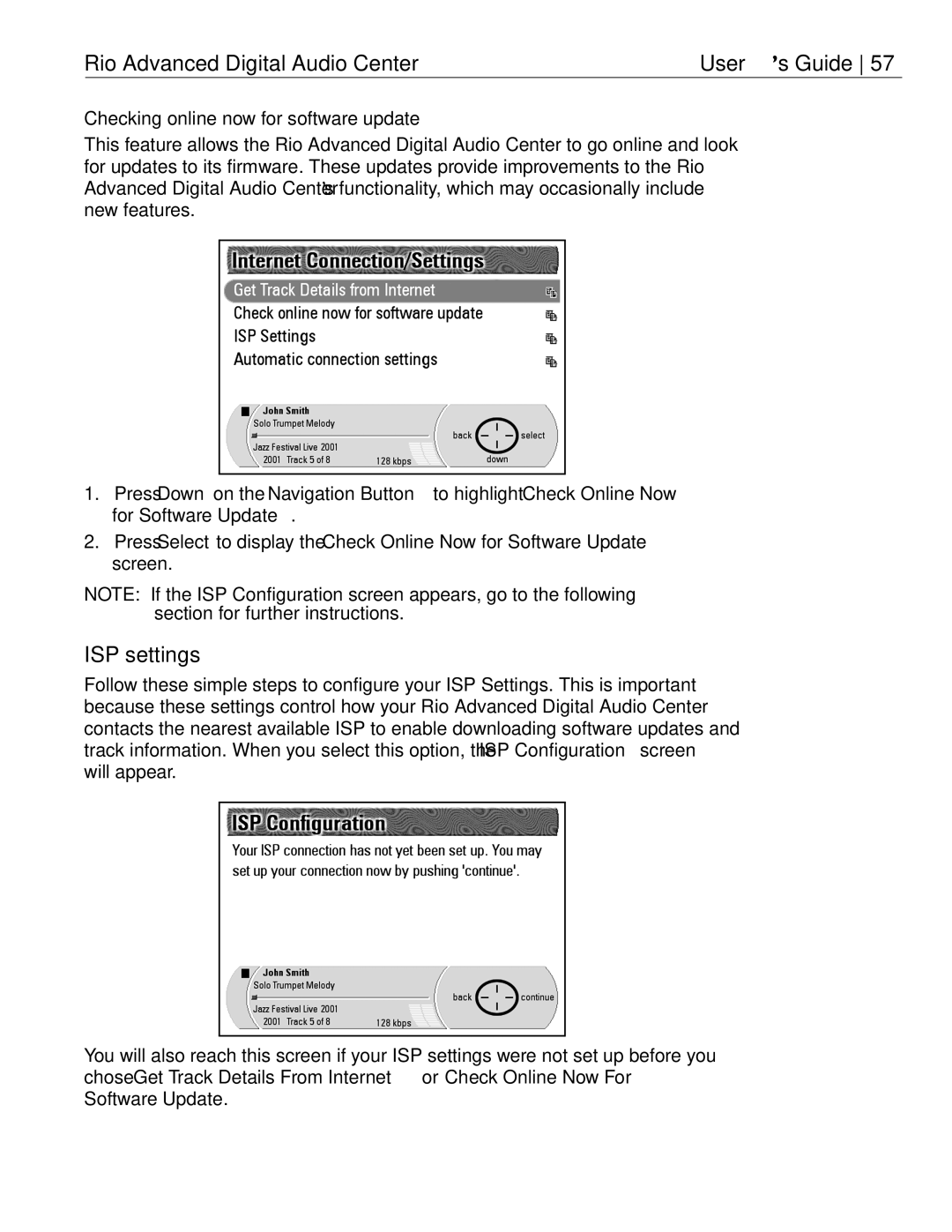 Rio Audio Advanced Digital Audio Center manual ISP settings, Checking online now for software update, Software Update 