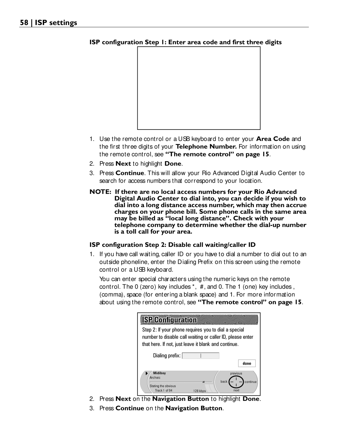 Rio Audio Advanced Digital Audio Center manual ISP configuration Enter area code and first three digits 