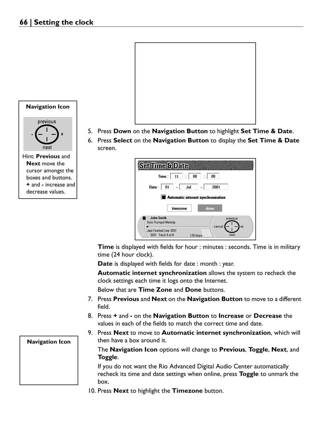 Rio Audio Advanced Digital Audio Center manual Navigation Icon 