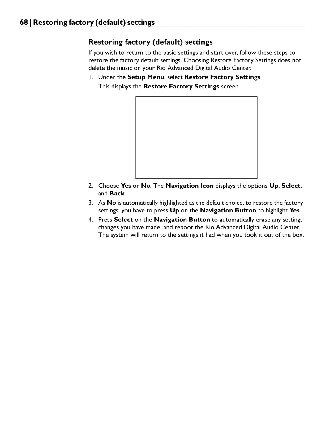 Rio Audio Advanced Digital Audio Center manual Restoring factory default settings 