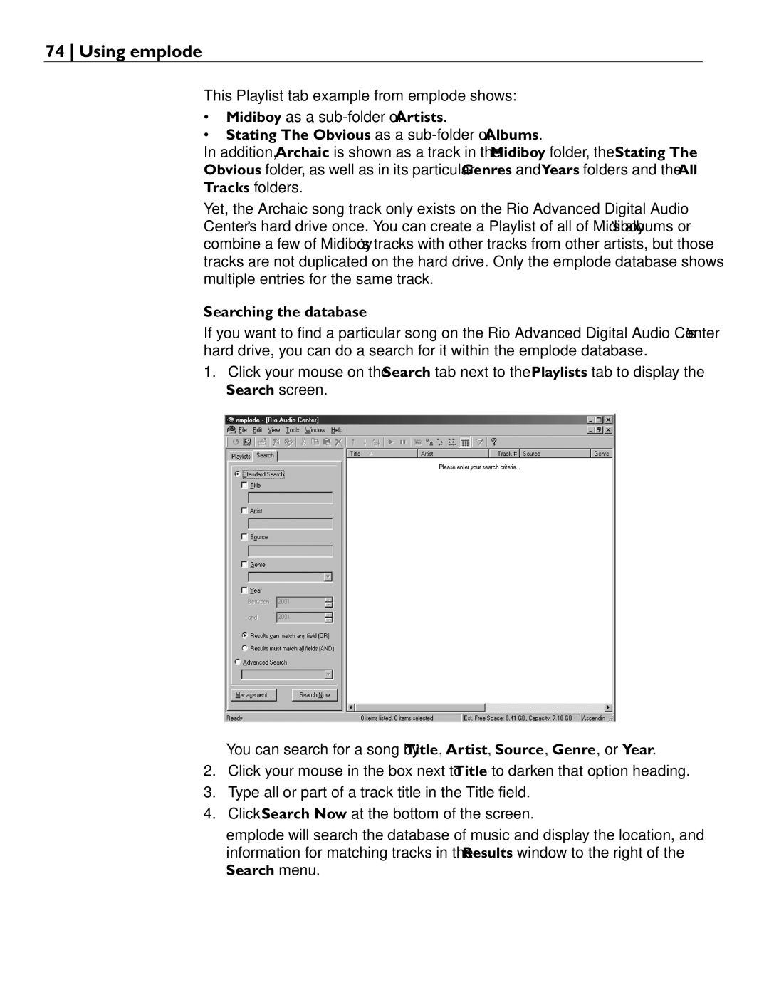 Rio Audio Advanced Digital Audio Center manual Stating The Obvious as a sub-folder of Albums, Searching the database 