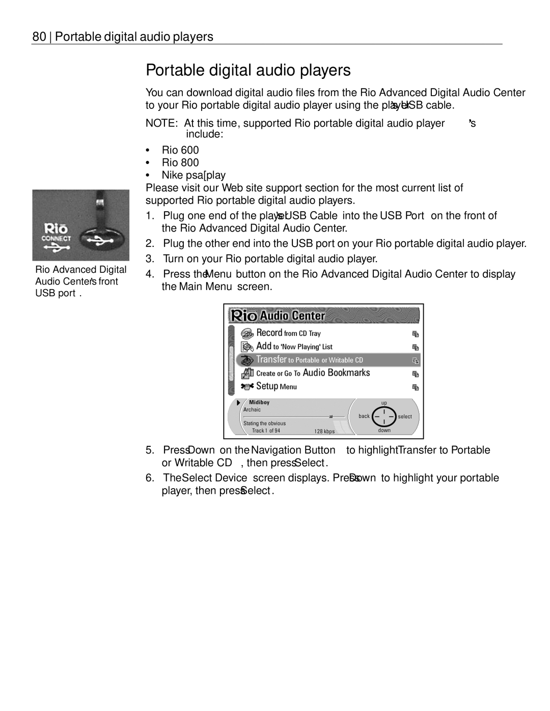 Rio Audio Advanced Digital Audio Center manual Portable digital audio players 