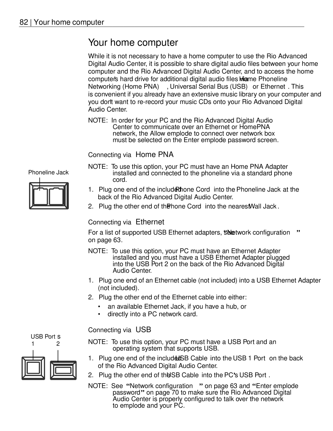 Rio Audio Advanced Digital Audio Center manual Your home computer, Connecting via USB 