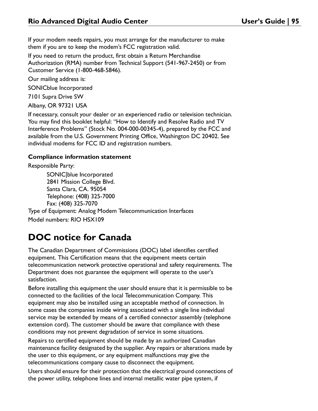 Rio Audio Advanced Digital Audio Center manual DOC notice for Canada, Compliance information statement 