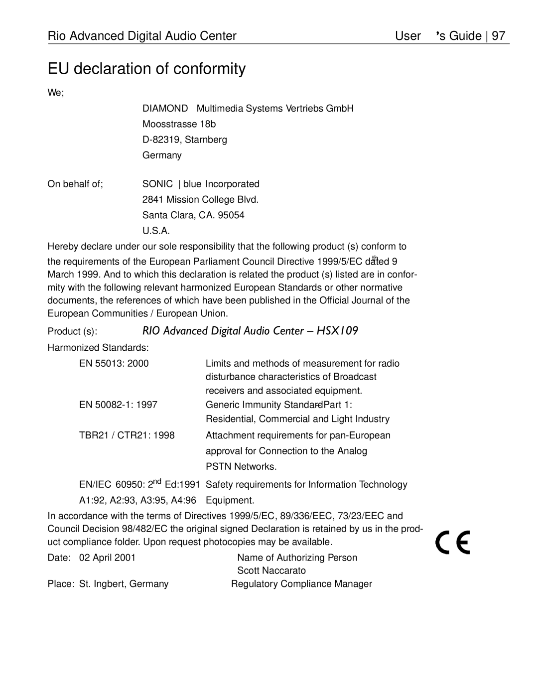 Rio Audio manual EU declaration of conformity, RIO Advanced Digital Audio Center HSX109 