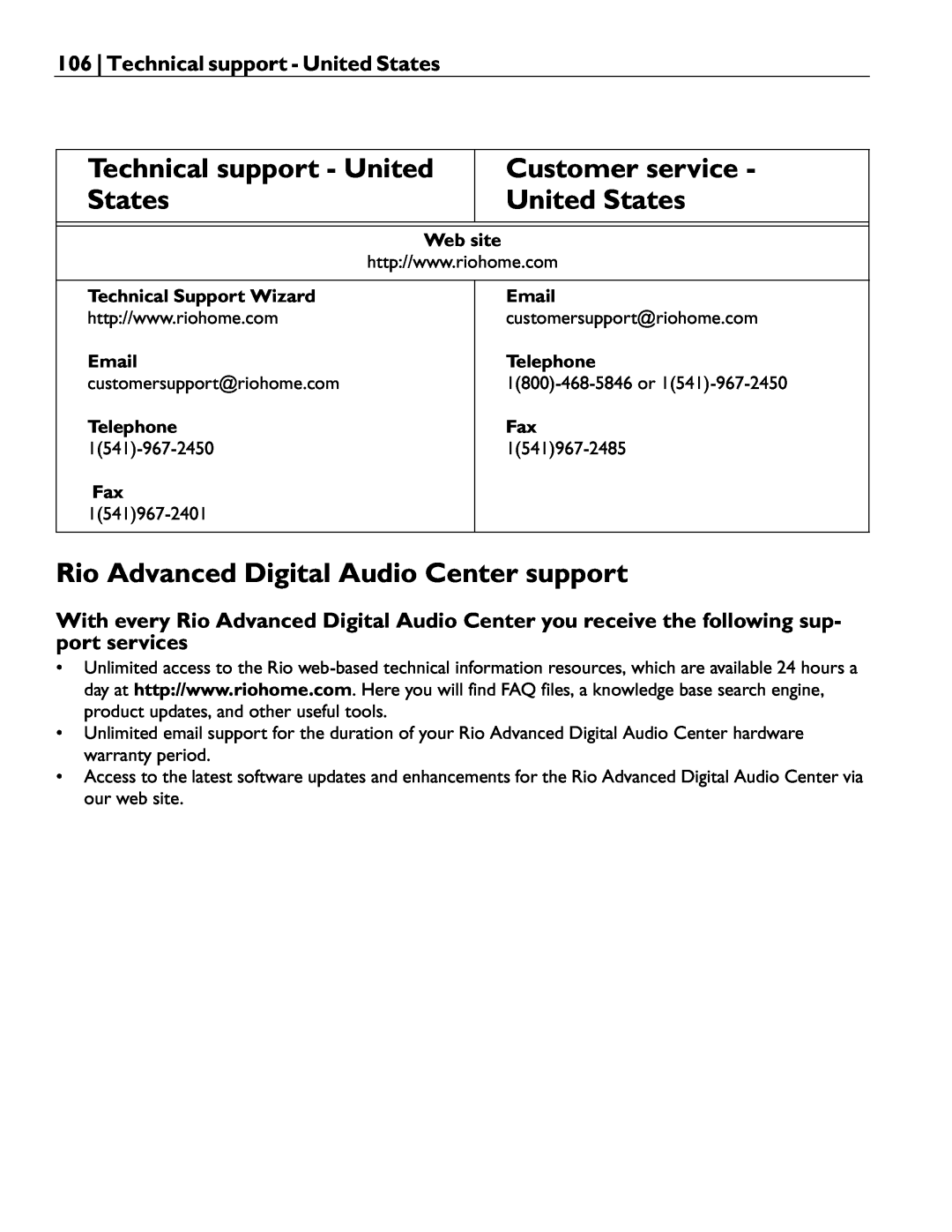 Rio Audio Advanced Digital Audio Center manual Technical support - United, Customer service, United States 