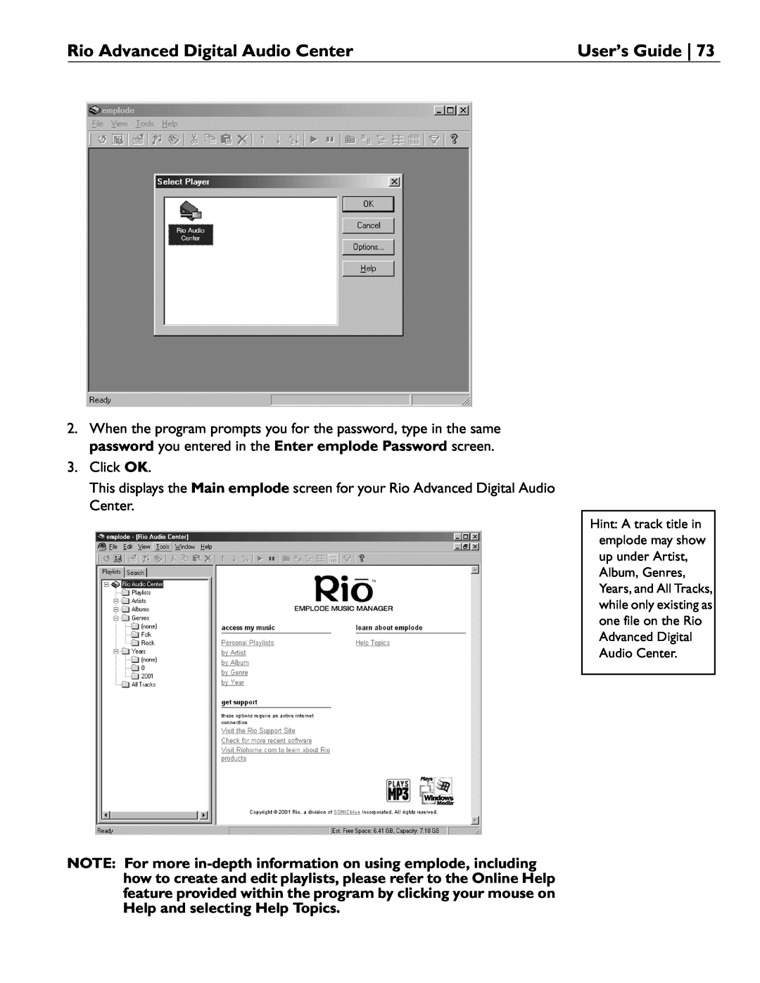 Rio Audio manual Rio Advanced Digital Audio Center, User’s Guide, Click OK 