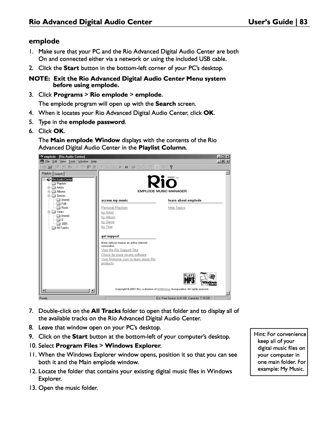 Rio Audio manual Rio Advanced Digital Audio Center, User’s Guide, Click Programs > Rio emplode > emplode 