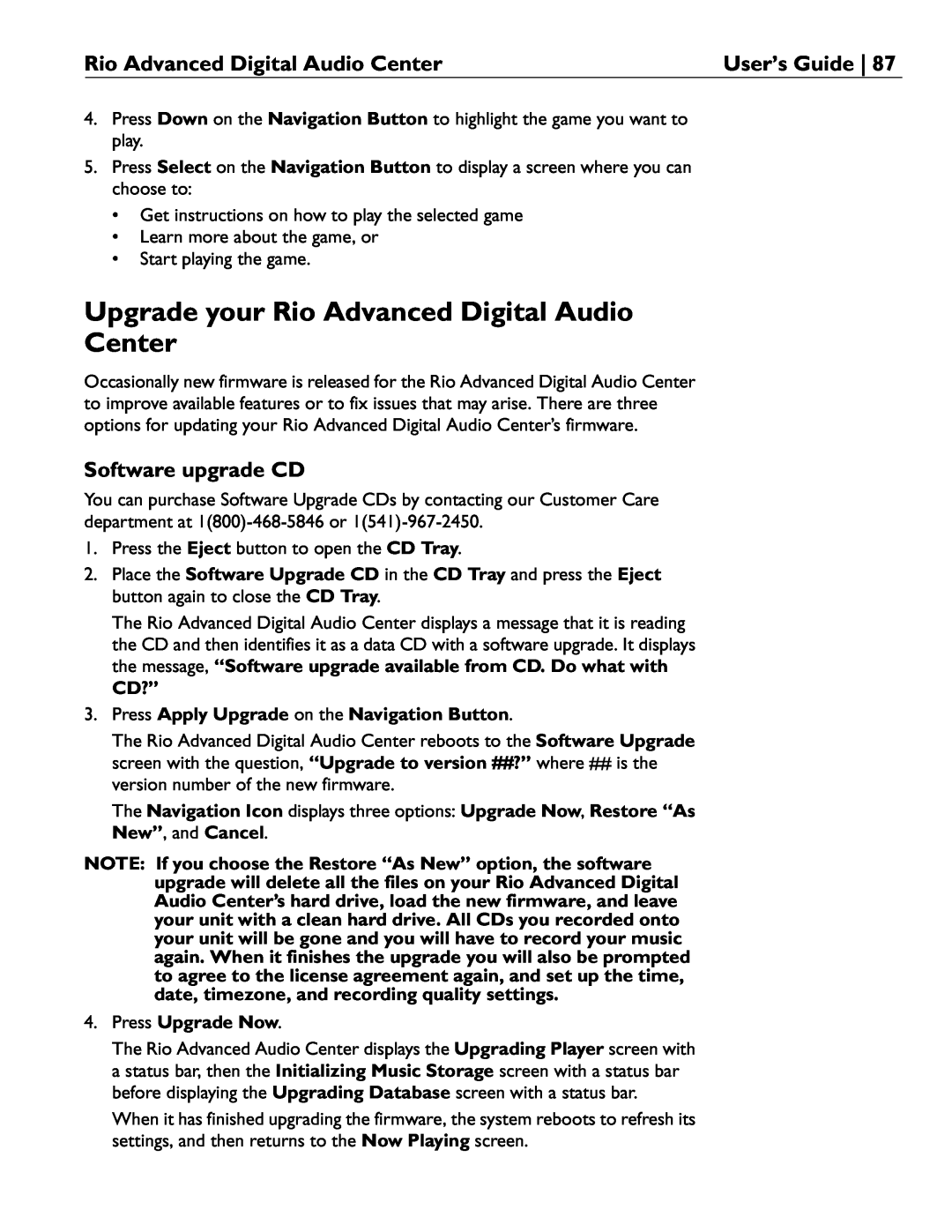 Rio Audio manual Upgrade your Rio Advanced Digital Audio Center, Software upgrade CD, User’s Guide 