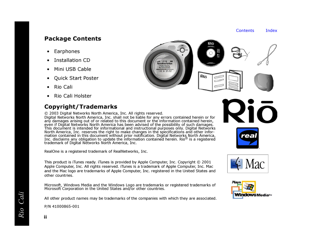 Rio Audio Cali manual Package Contents, Copyright/Trademarks 