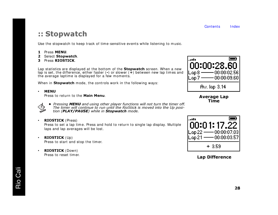 Rio Audio Cali manual Select Stopwatch Press Riostick, Riostick Up, Riostick Down Press to reset timer 