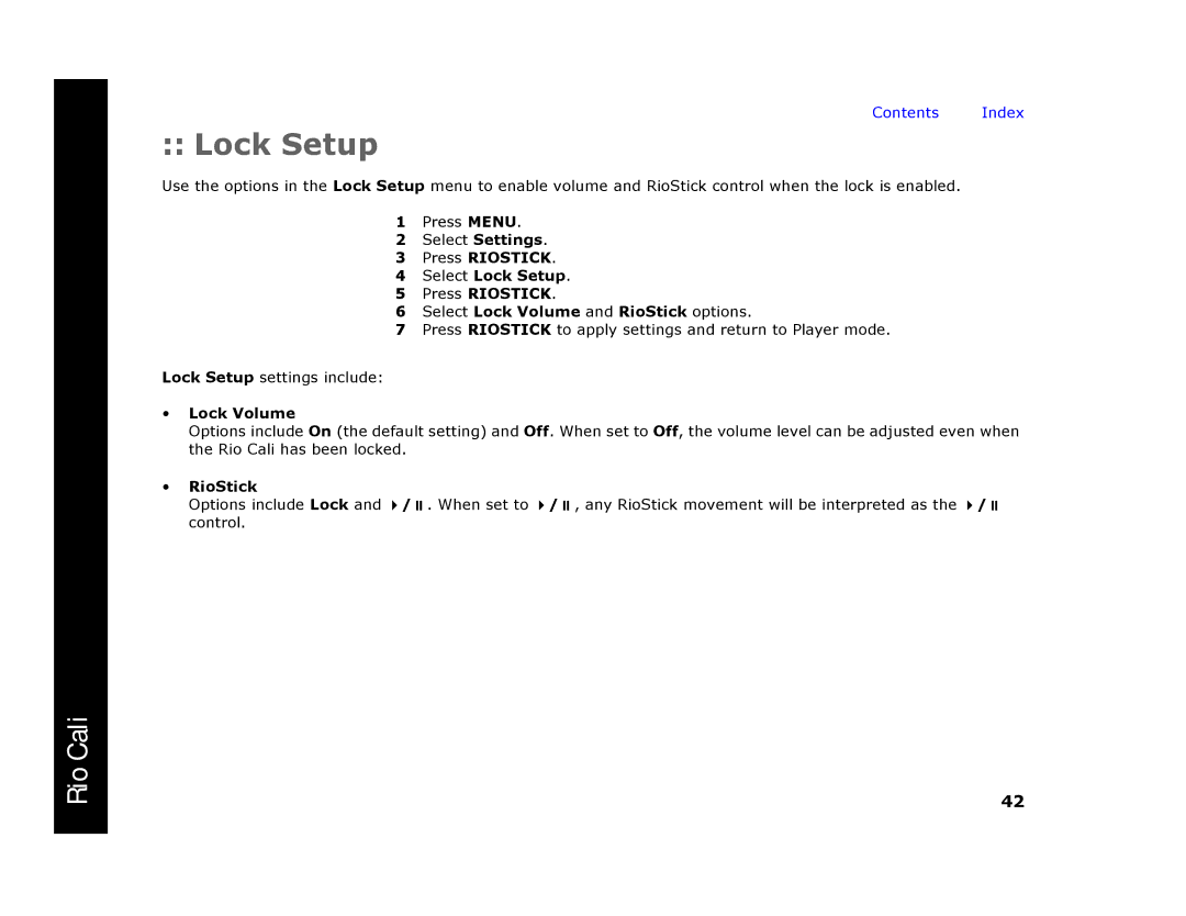 Rio Audio Cali manual Lock Setup, Lock Volume, RioStick 