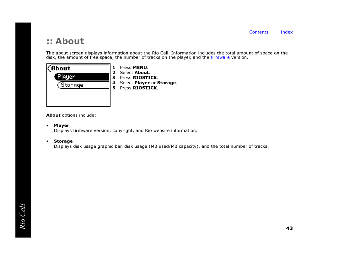 Rio Audio Cali manual About, Press Riostick Select Player or Storage 