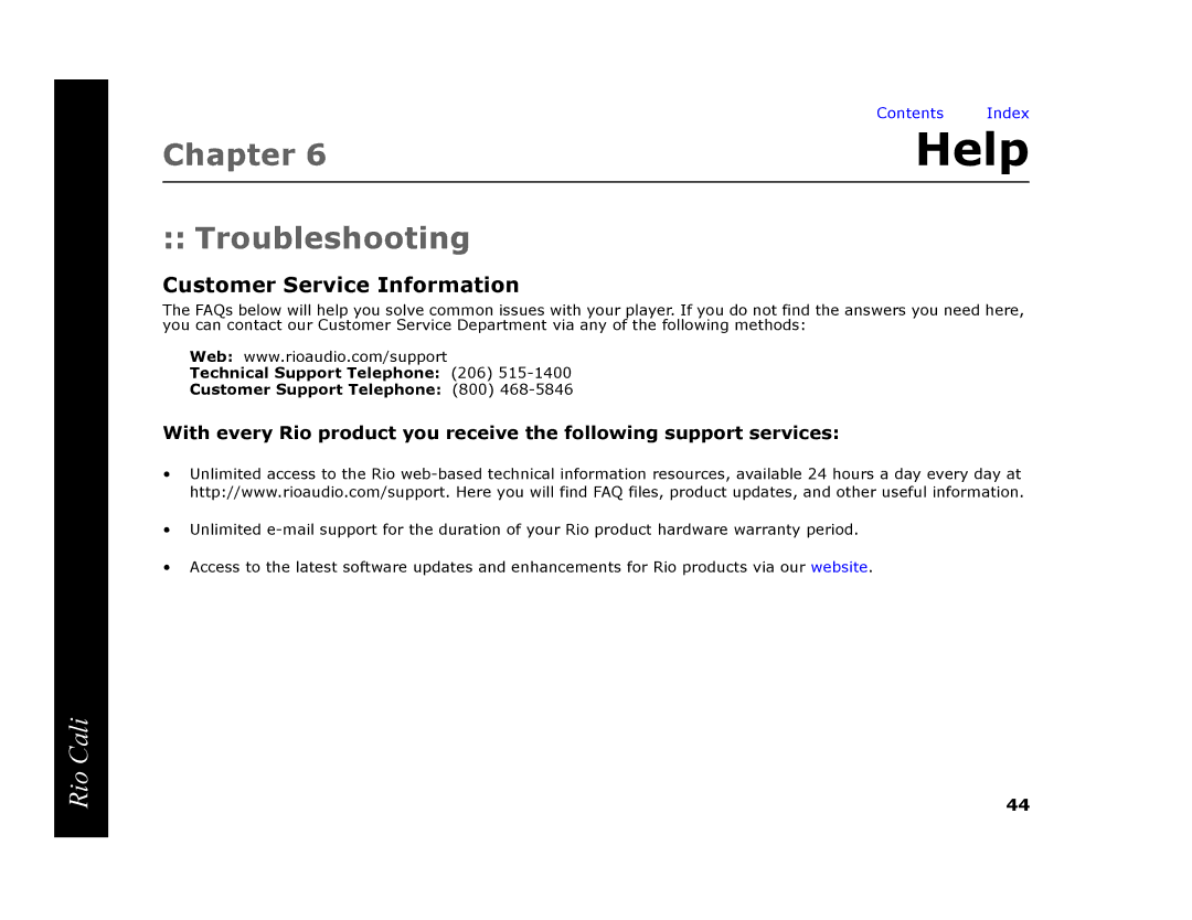 Rio Audio Cali manual Help, Troubleshooting 