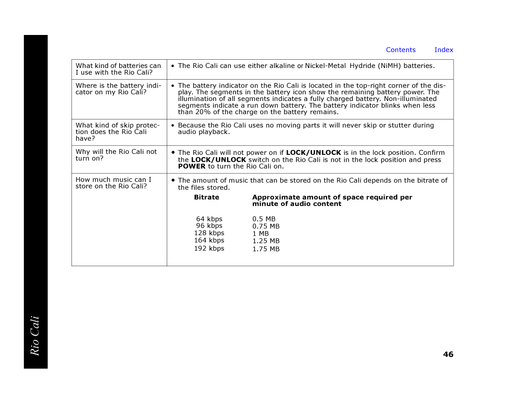 Rio Audio Cali manual Kbps 75 MB 25 MB 