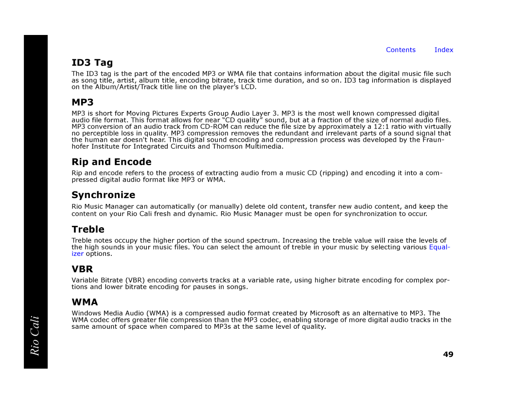 Rio Audio Cali manual ID3 Tag, Rip and Encode, Synchronize, Treble 