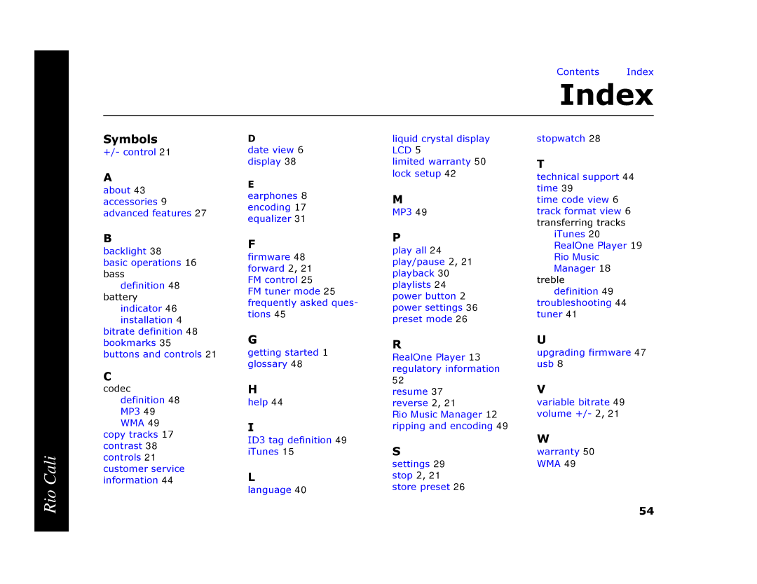 Rio Audio Cali manual Index 