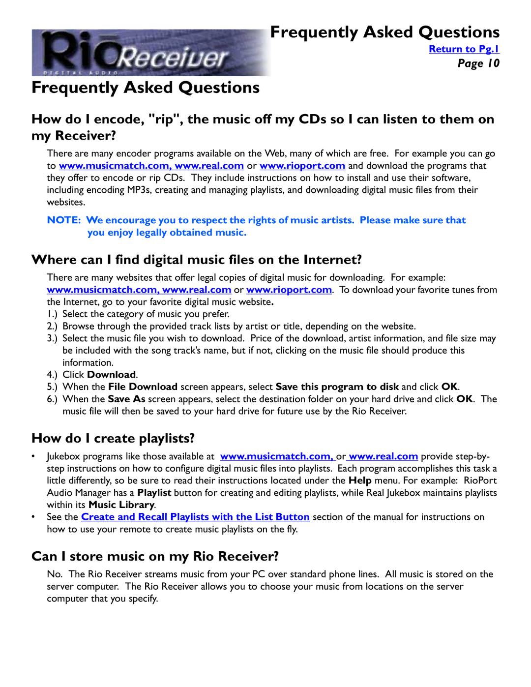 Rio Audio Digital Audio Receiver manual How do I create playlists?, Can I store music on my Rio Receiver? 