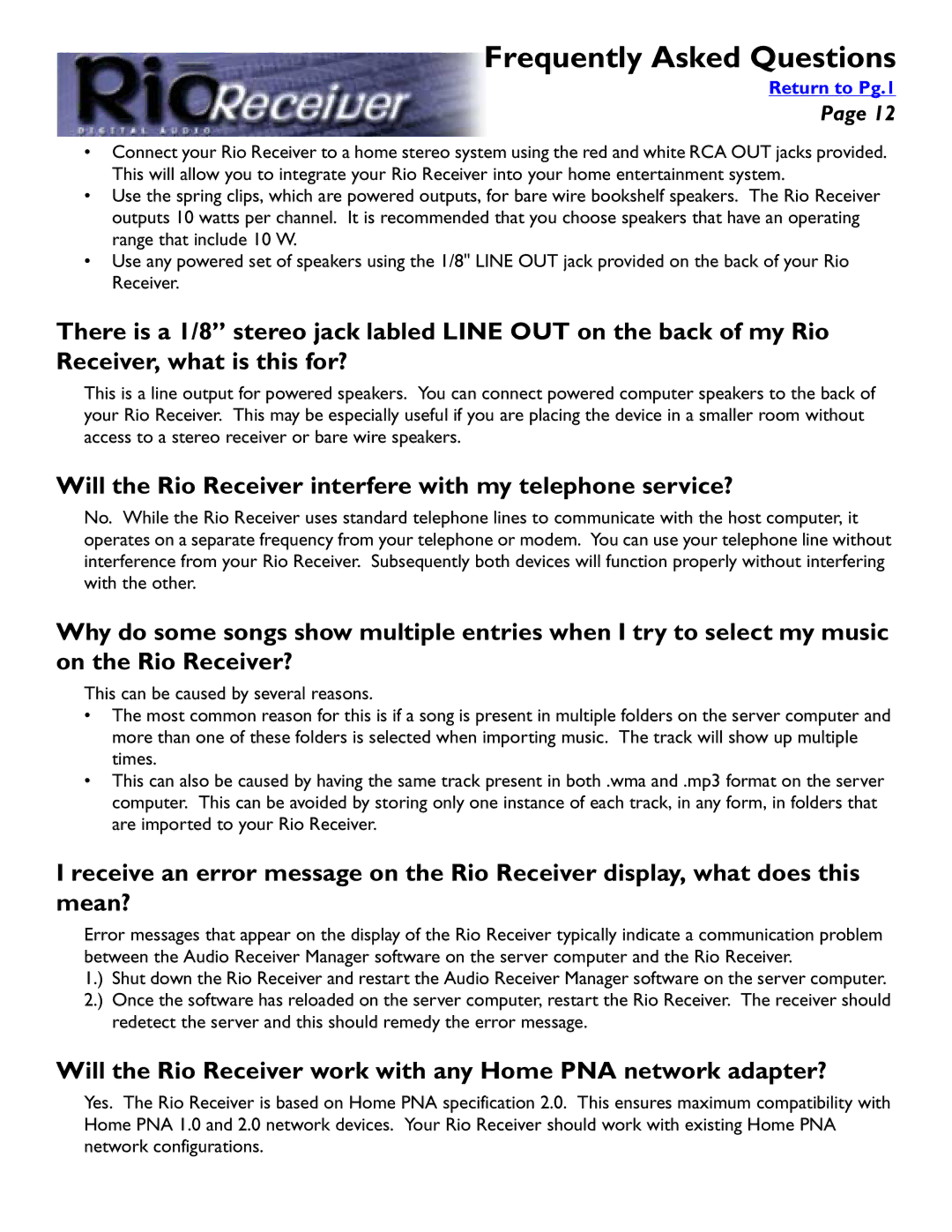 Rio Audio Digital Audio Receiver manual Will the Rio Receiver interfere with my telephone service? 