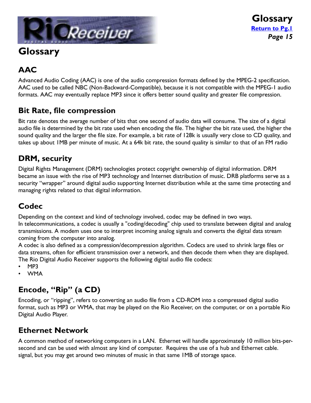 Rio Audio Digital Audio Receiver Bit Rate, file compression, DRM, security, Codec, Encode, Rip a CD, Ethernet Network 