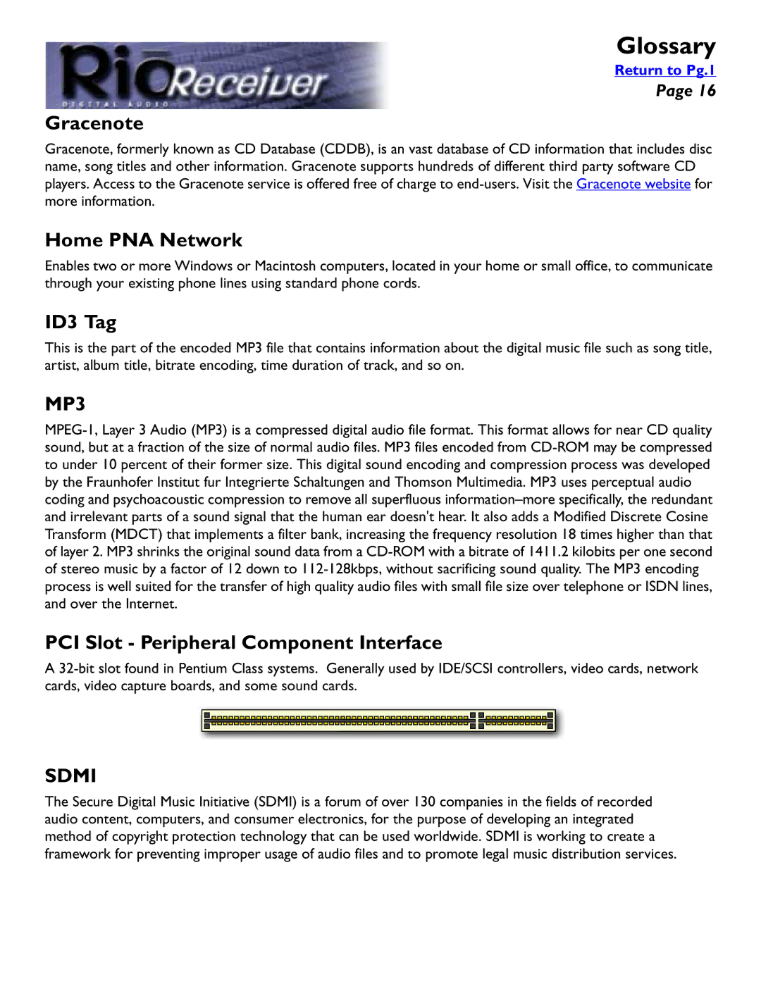 Rio Audio Digital Audio Receiver manual Gracenote, Home PNA Network, ID3 Tag, PCI Slot Peripheral Component Interface 