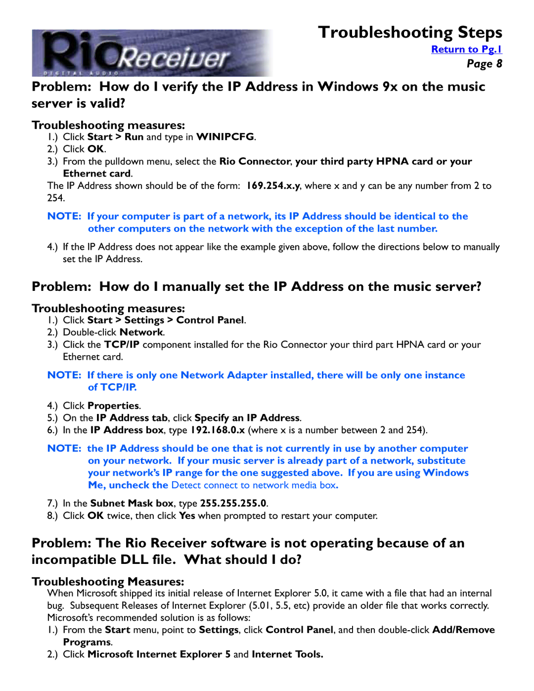 Rio Audio Digital Audio Receiver manual On the IP Address tab, click Specify an IP Address, Subnet Mask box, type 