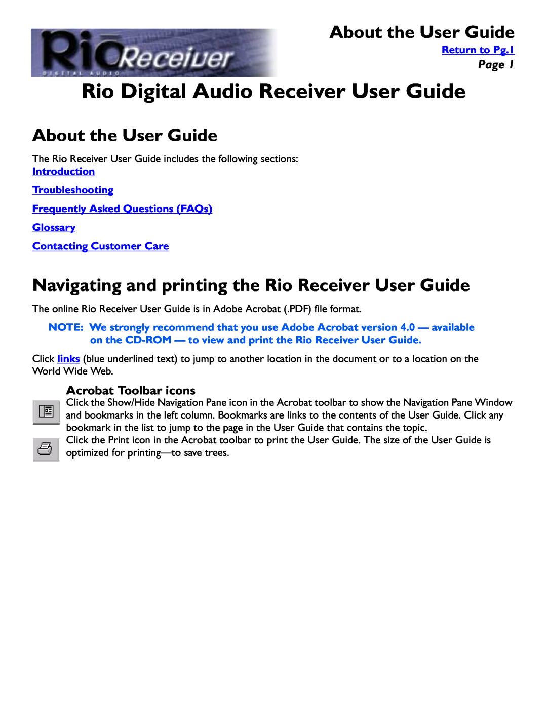Rio Audio manual About the User Guide, Rio Digital Audio Receiver User Guide, Page, Acrobat Toolbar icons 